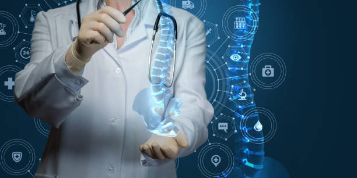 Worker of medicine treats the human spine on blue background.