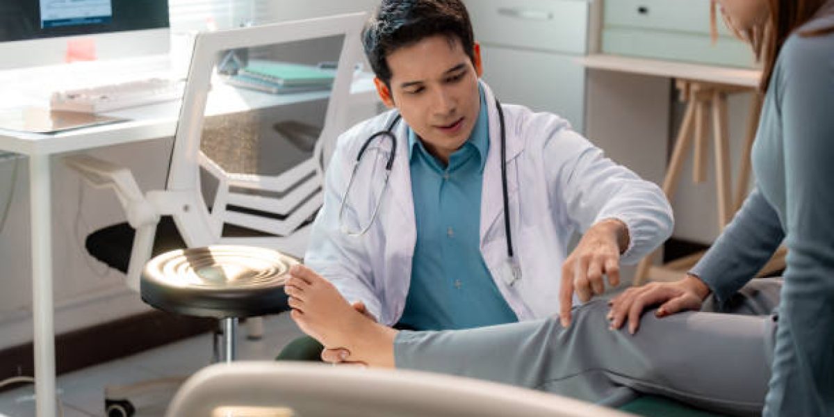 Asian doctor examining a female patient's leg in a medical office, discussing symptoms and offering medical advice while ensuring a supportive and trusting environment for recovery